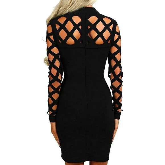 Women's Bodycon Dress Polyester Cotton Long Sleeve Hollow Out Clubwear - Picture 2 of 4